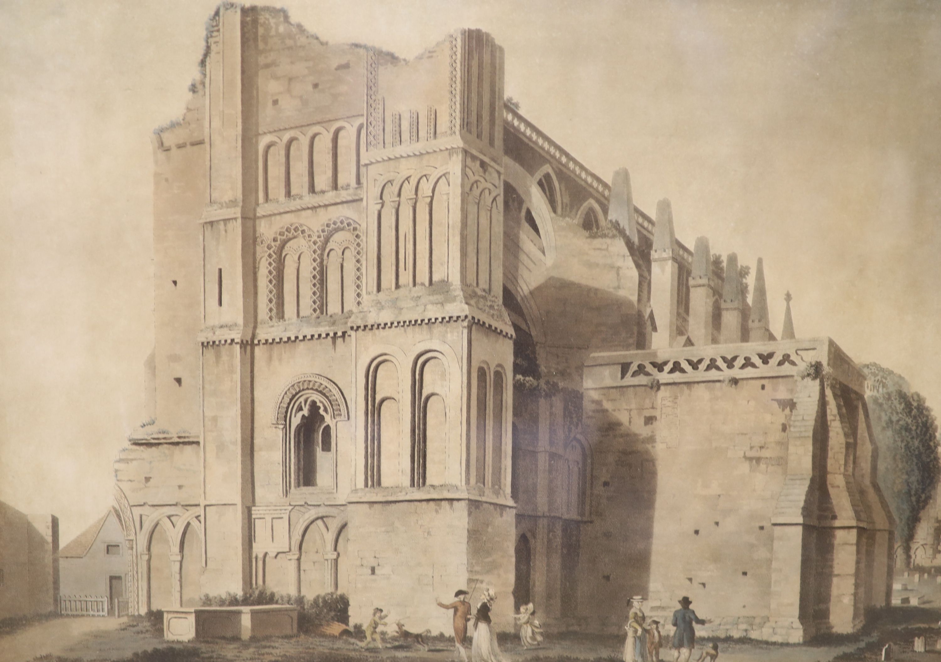 Jukes after Hanks, three coloured aquatints, Views of Malmsbury Abbey, 39 x 48cm